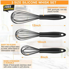 Silicone Whisk,Heat Resistant Non Scratch Whisks Set of 3,Stainless Steel