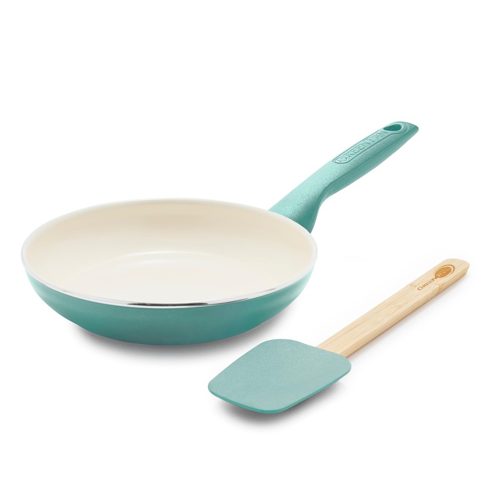 Frying Pan Skillet and Silicone Spatula Set 8″ PFAS-Free Turquoise Set