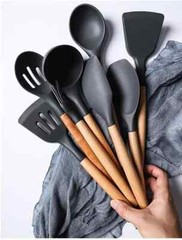 12-Pcs Kitchen Silicone Utensils Set with Heat Resist Wooden Handle Black