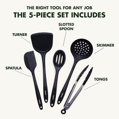 Cooking Utensil Set 5 Piece Silicone Nonstick Tongs Turner Spatula Skimmer Spoon