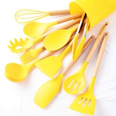 12pcs, Silicone Utensil Set, Khaki Kitchen Utensil Set With Wooden Handle, Safet