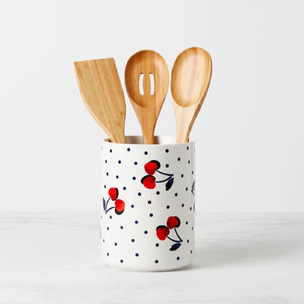 Lenox China Kate Spade VINTAGE CHERRY DOT Utensil Crock w/ Wooden Servers – N/O