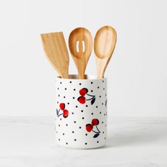 Lenox China Kate Spade VINTAGE CHERRY DOT Utensil Crock w/ Wooden Servers – N/O