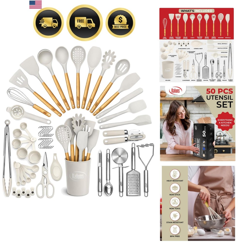 50 PCS Silicone Kitchen Utensils Set Complete Kitchen Set – 800°F Heat Resist…