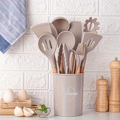 12 PCS Silicone Kitchenware Utensil Set with Wooden Handle & Holder