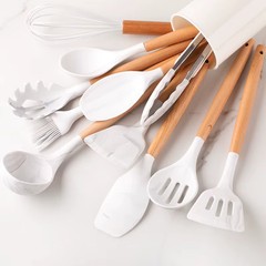 12pcs, Silicone Utensil Set, Khaki Kitchen Utensil Set With Wooden Handle, Safet