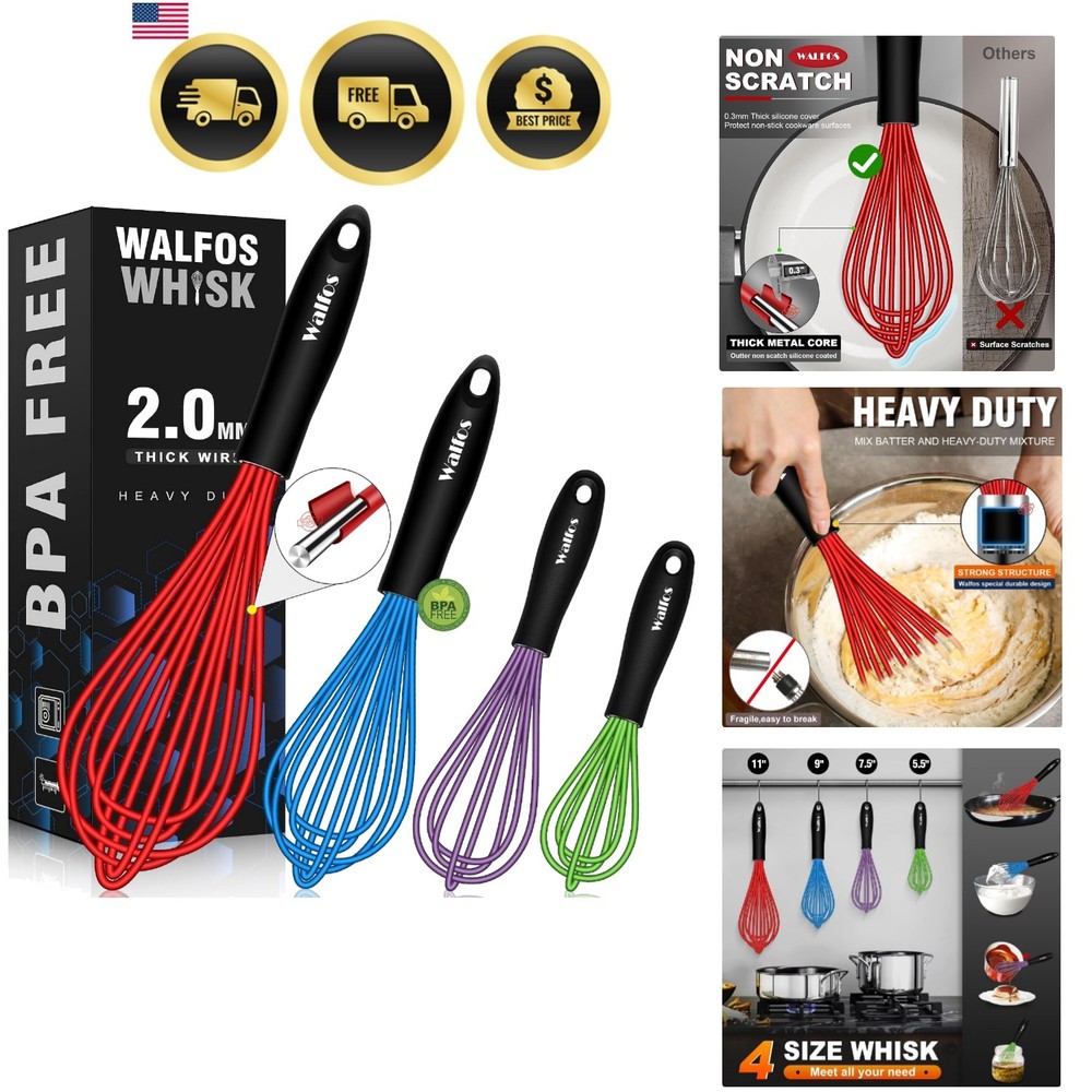 Silicone Whisk Set Non Scratch Heat Resistant Kitchen Whisks 4pcs