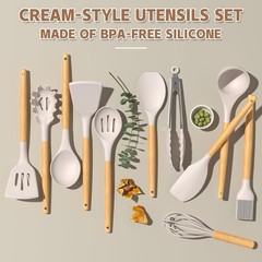 33-Piece Umite Chef Non-Stick Silicone Cooking Utensils Set with Holder – Khaki
