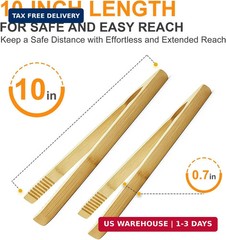 2 Pack Premium Bamboo Toaster Tongs, 10 Inches Natural Wooden Tongs with Serrate