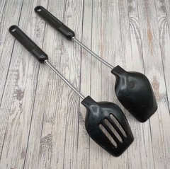 Vintage Nylon Slotted and Solid Serving Spoon Black Plastic Handle Unbranded