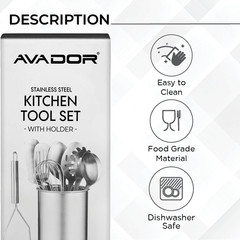 ® Premium Set of 10 Stainless Steel Kitchen Tool Set with Holder Easy to Clean,