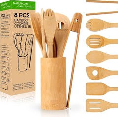 All-Natural Bamboo Cooking Utensil Set of 8 – Perfect for Non-Stick Cookware