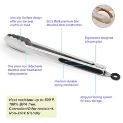 304 STAINLESS STEEL KITCHEN COOKING TONGS 9″ AND 12″ SET OF 4 STURDY GRILLING BA