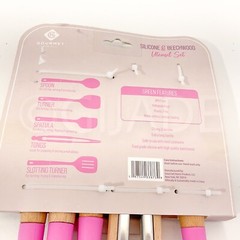 5 Pieces Kitchen Utensil Tools Set Silicone & Stainless Steel & Wood New Pink