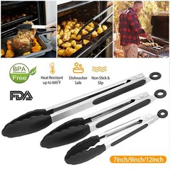 3 Pack Stainless Steel Food Cooking Tongs Locking Kitchen Set For BBQ & Grilling