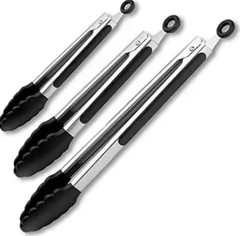 3 PC Kitchen Tongs Set Stainless Steel Silicone Tip BBQ Grill Cooking 7 9 12 Inc