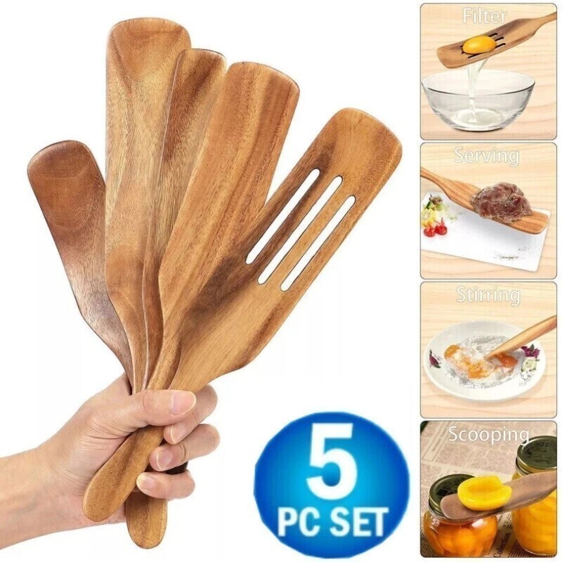 Spurtle Kitchen Cooking Utensil 5pc Set Teak Wood Non Stick Wooden Spatula Spoon