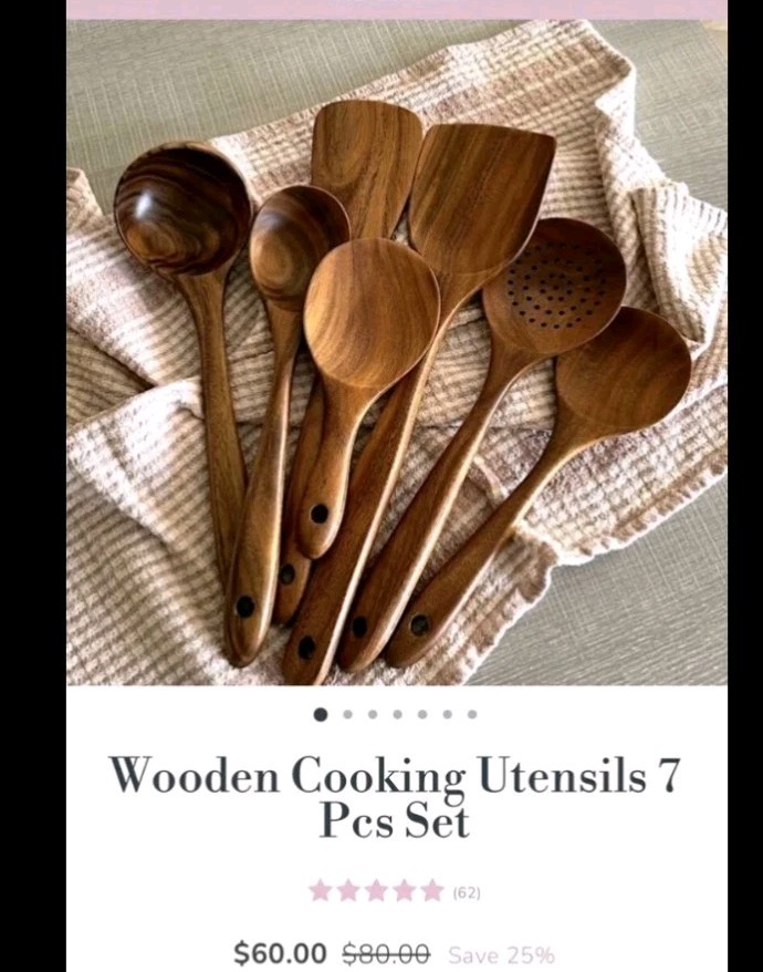 Non-Stick Wooden Kitchen Utensil Set 7 Natural Teak Tools for Cooking
