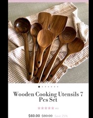 Non-Stick Wooden Kitchen Utensil Set 7 Natural Teak Tools for Cooking