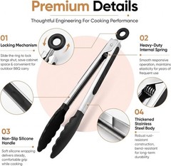 Kitchen Tongs for Cooking, Set of 4 with Oil Brush 7″ 9″ 12″, Heat Resistant …