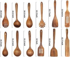 Wooden Cooking Spoons Set 12 Piece Teak Kitchen Utensils Non-Stick Safe