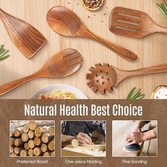 Wooden Spoons Kitchen Utensils Set 5 Pcs Natural Teak Non-Stick Cooking Tools