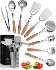 10 Piece Stainless Steel Utensil Set – Wood Handle Nonstick Utensil Set (Silver)