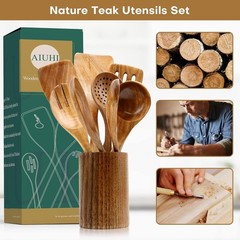 10 Pack Wooden Utensils for Cooking, Wood Utensil Set for Kitchen
