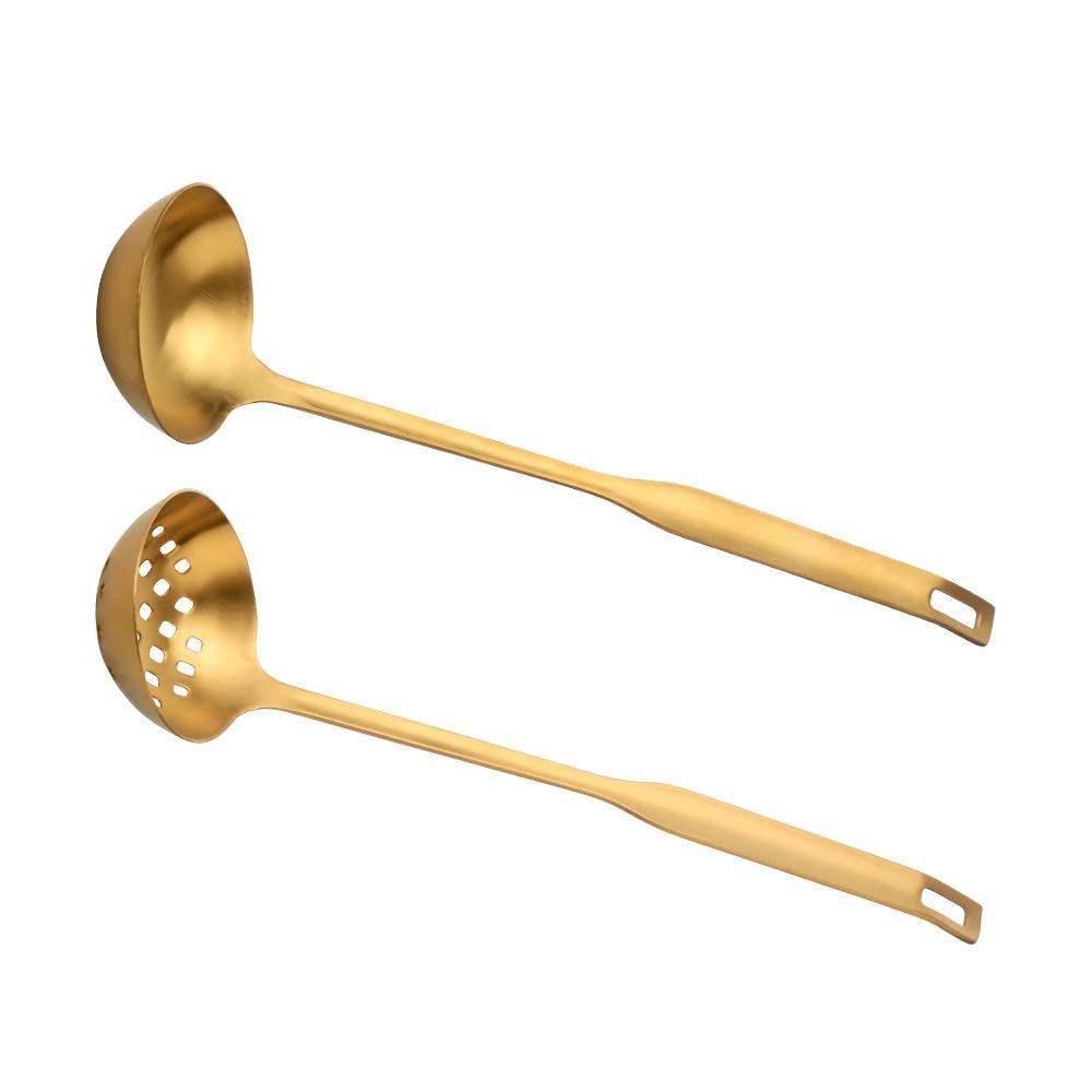 2 Pieces Gold Metal Soup Ladle Colander Set, Long Handle Stainless Steel Kitc…