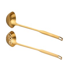 2 Pieces Gold Metal Soup Ladle Colander Set, Long Handle Stainless Steel Kitc…
