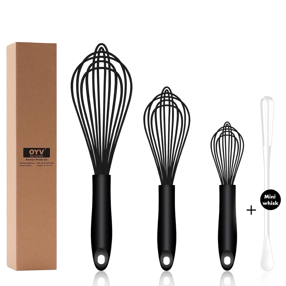 Dishwasher Safe Silicone Whisk Set of 3 Waterproof Design Premium Black