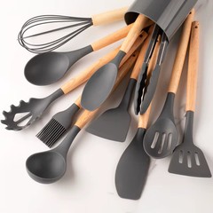 12pcs, Silicone Utensil Set, Khaki Kitchen Utensil Set With Wooden Handle, Safet