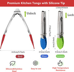 Mini Kitchen Tongs with Silicone Tips, 3-Piece Set, 7-Inch Non-Stick Tongs with