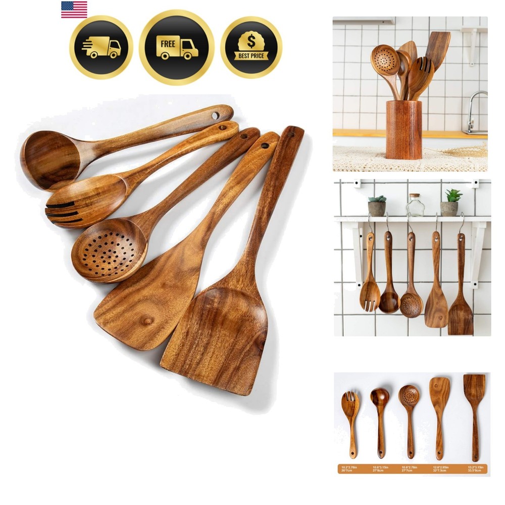 Wood Kitchen Utensils Set, 5 PCs Natural Acacia Wooden Spoons For Cooking for…