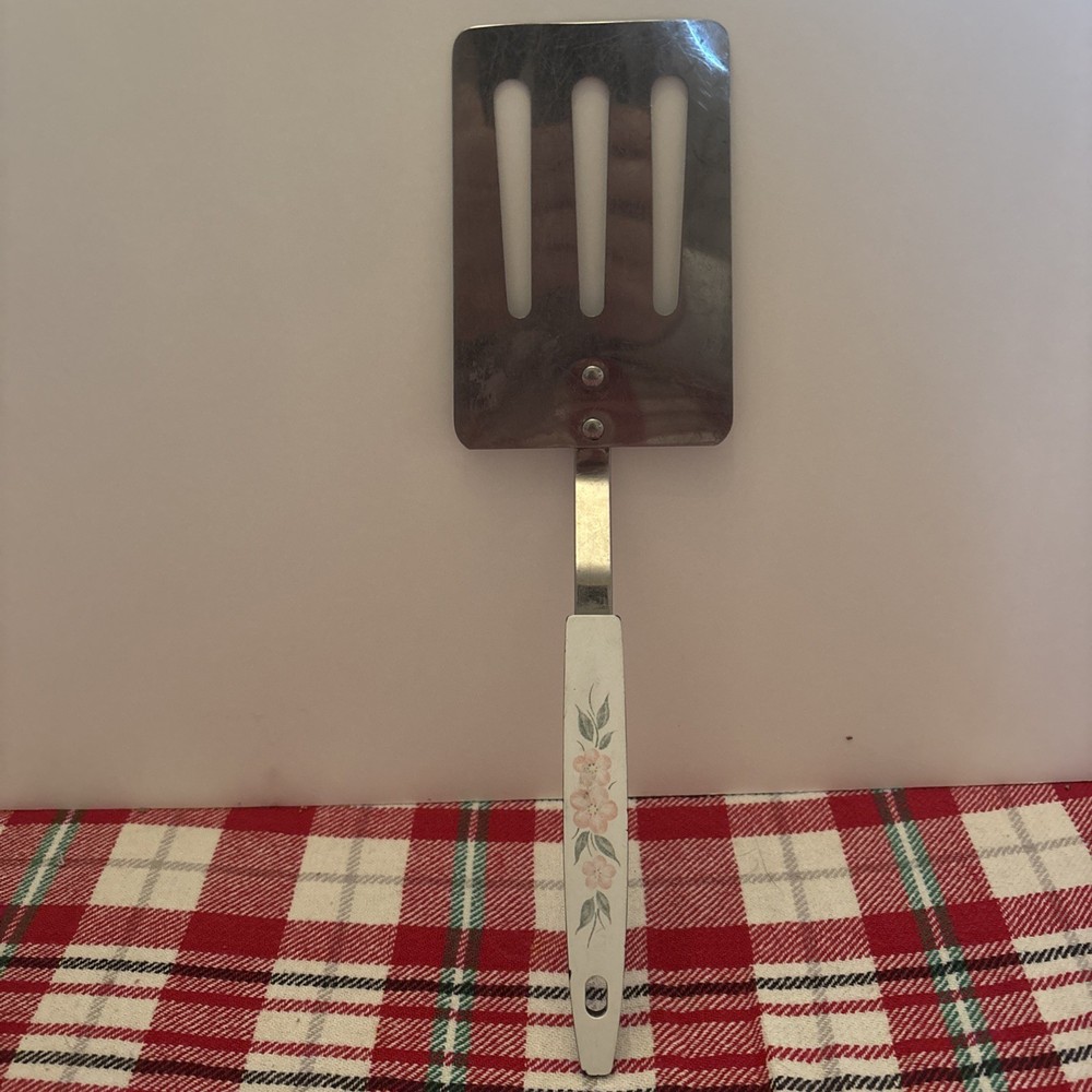 VTG UNBRANDED STAINLESS STEEL USA Pink Flowers SHORT HDL SLOTTED SPATULA 11”