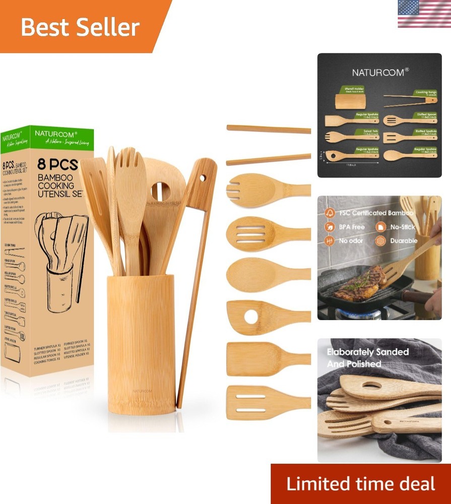 All-Natural Bamboo Cooking Utensil Set of 8 – Perfect for Non-Stick Cookware
