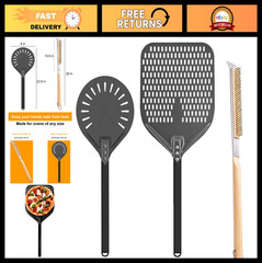 Pizza Oven Accessories Set – Brush, Stone Scraper, 8″ Turning Peel, 12″ Perforat