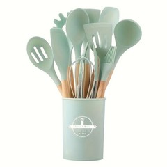 12 PCS Silicone Kitchenware Utensil Set with Wooden Handle & Holder