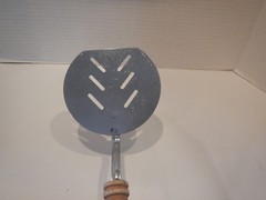 VTG Slotted Wide Round Chrome Spatula Metal Turner Wood Handle Short 11″ Long