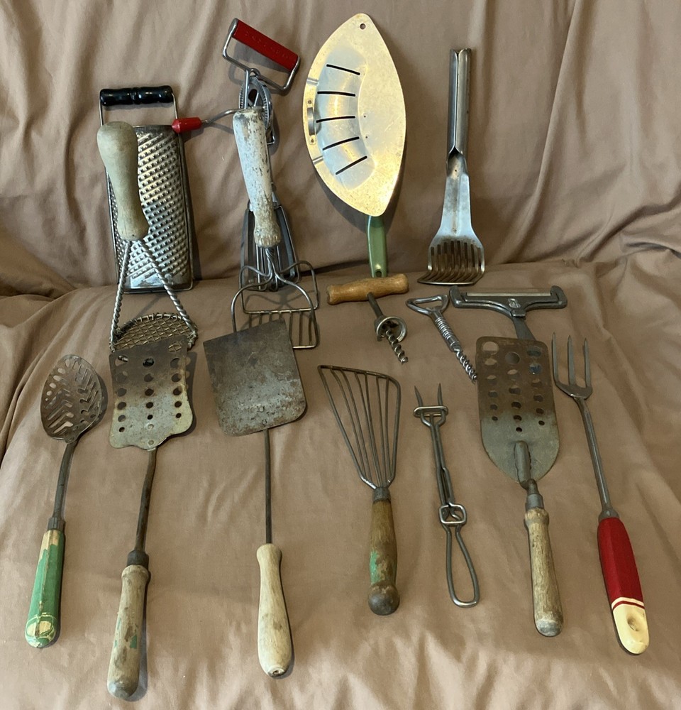 Lot Of 16 VINTAGE Kitchen Tools-Mashers Spatulas Hand Mixer Pot Strainer Etc