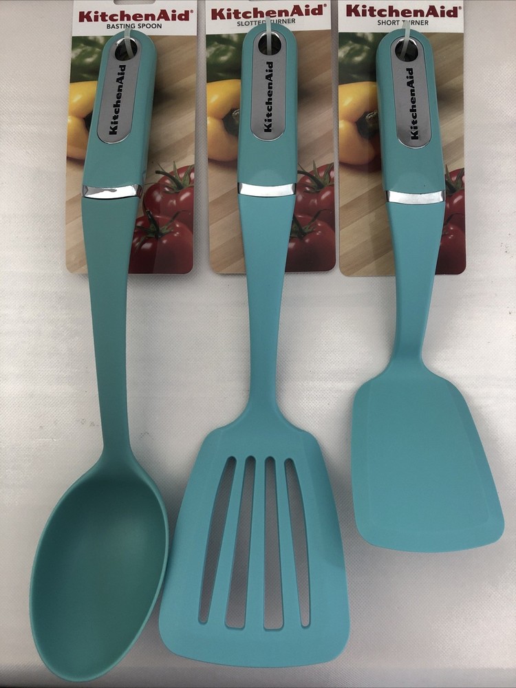 New KitchenAid 3 Aqua Sky HAQA Slotted Lifter, Short Turner, and Basting Spoon