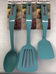New KitchenAid 3 Aqua Sky HAQA Slotted Lifter, Short Turner, and Basting Spoon