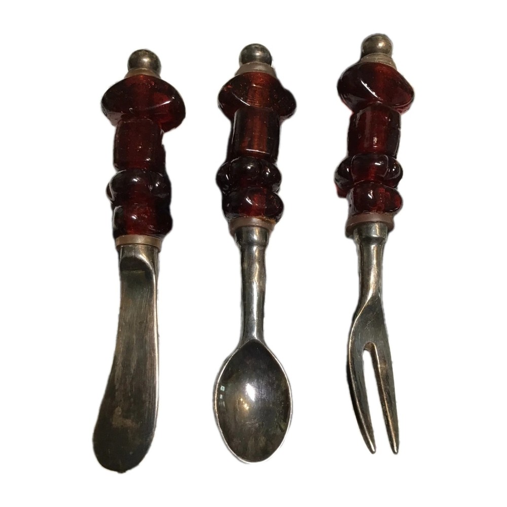 VTG Ruby Red Stone Handle Utensils (Set of 3) – Murano MCM Style Dessert Cutlery