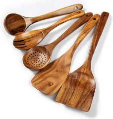 Wood Kitchen Utensils Set, 5 PCs Natural Acacia Wooden Spoons For Cooking for…