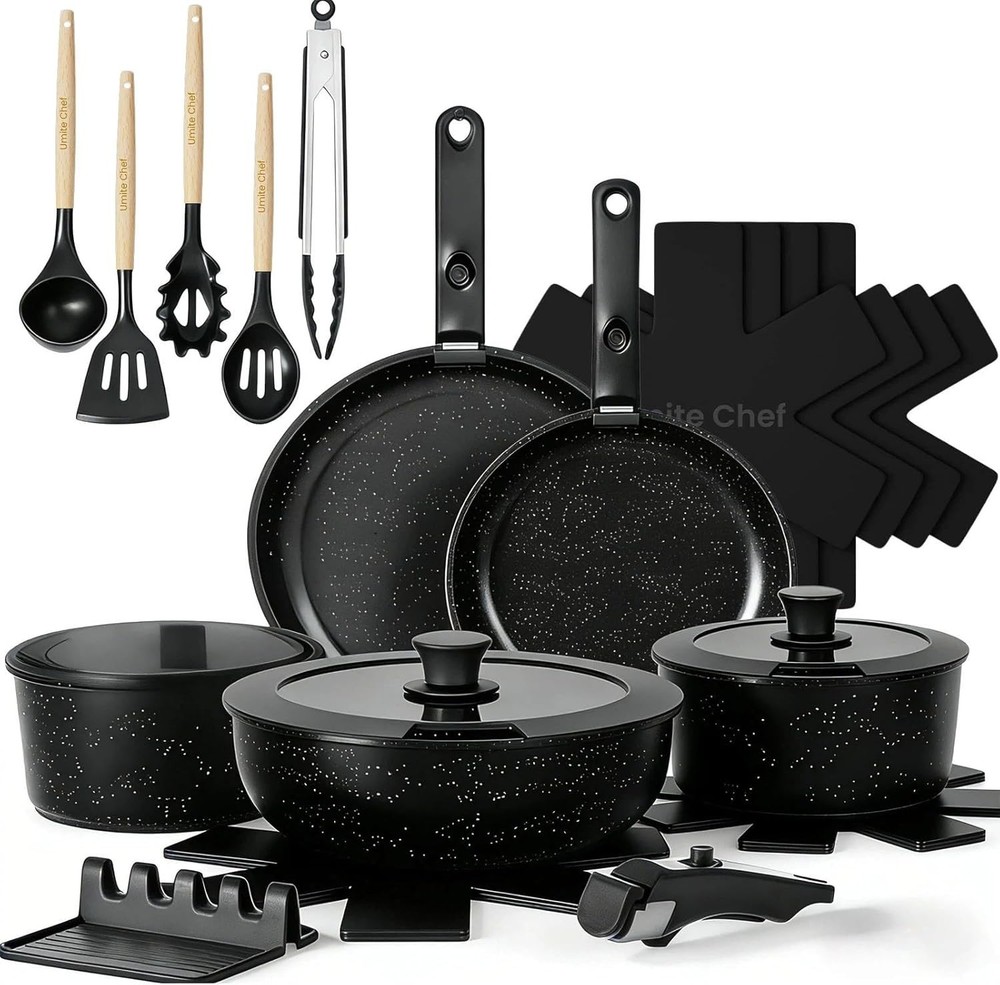 Umite Chef 21Pcs Pots and Pans Set Non Stick, Nonstick Cookware Large, Black