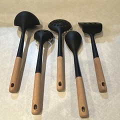 MIU 5-Piece Cooking Utensil Set Black Brown Wood Handle Ladle Pasta Spoon