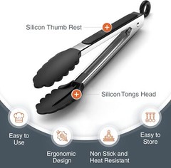 Stainless Steel Kitchen Tongs Set 9″ & 12″ w/ Silicone Tips & Locking Grip