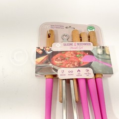 5 Pieces Kitchen Utensil Tools Set Silicone & Stainless Steel & Wood New Pink