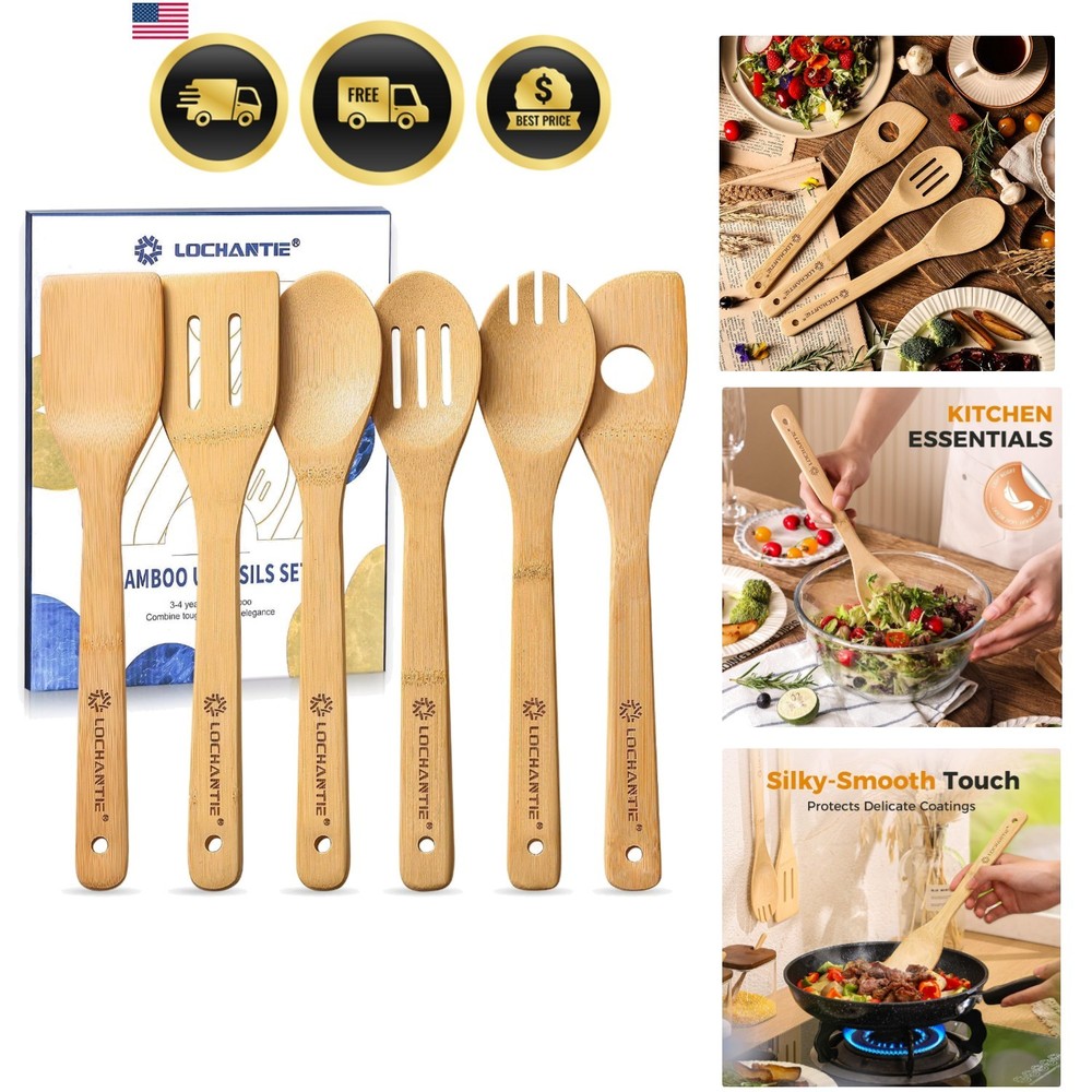 Wooden Spoons for Cooking Bamboo Utensils Set 6 Pieces – Essential Tools Wood…