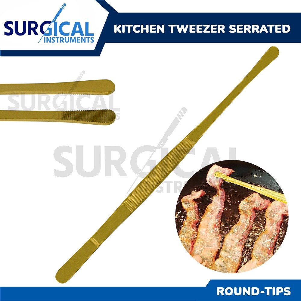 BBQ Kitchen Cooking Tweezers Tongs 12″ Extra-Long Stainless with Round Tip Gold